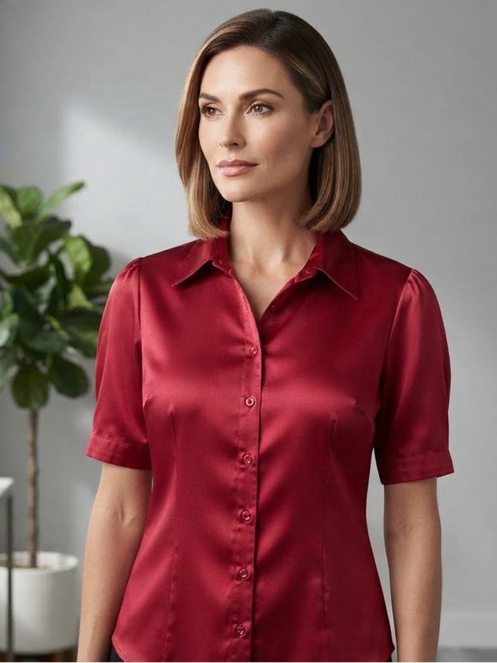 Satin Short-Sleeve Button-Down Blouse - Red